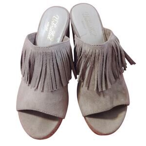 Unbridled Ariat Fringe Cork Mule 4" tan slip on heels Sz 7 good condition